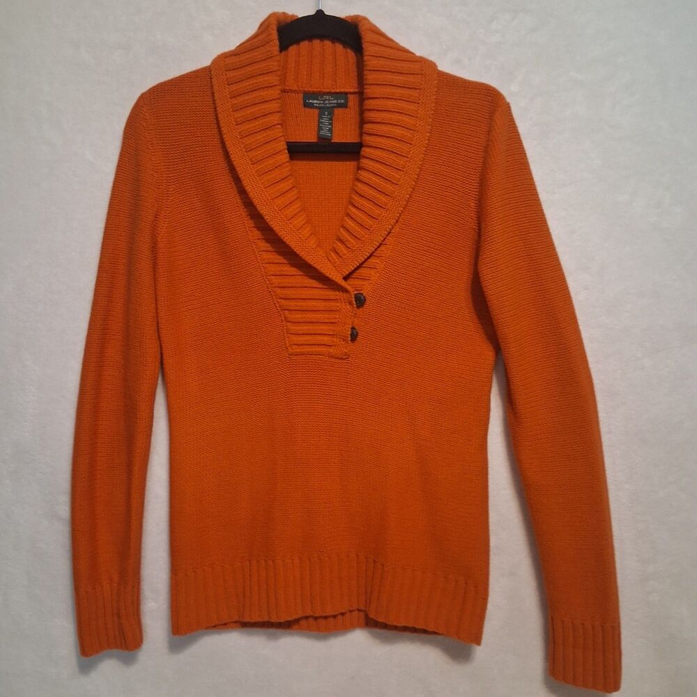 Lauren Ralph Lauren Small Sweater Shawl Collar Orange Preppy Academia Autumn